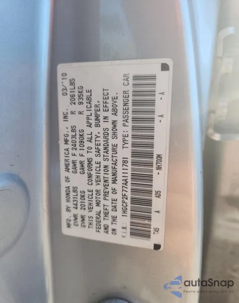 2010 Honda Accord Ex from USA, damaged, VIN 1HGCP2F77AA111781